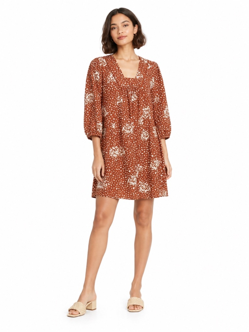 Knox Rose Long Sleeve Shift Boho Linen Rust Brown Babydoll Dress Size Medium